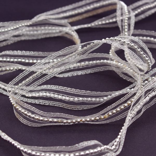 Silver Mesh Ribbon With Beads | 5 Yard